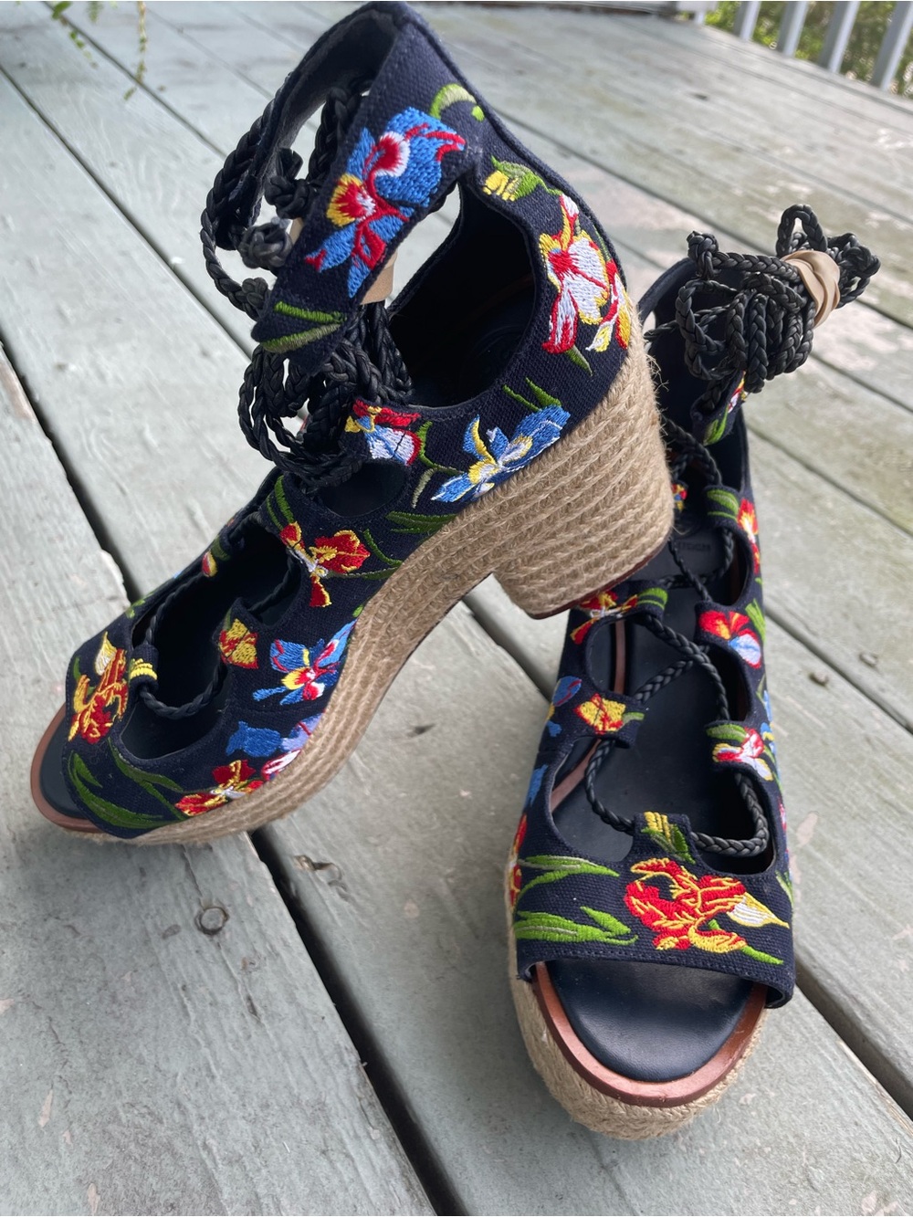 TORY BURCH POSITANO FLORAL LACE UP PLATFORM ESPADRILLE SANDALS 8.5 - Picture 8 of 14